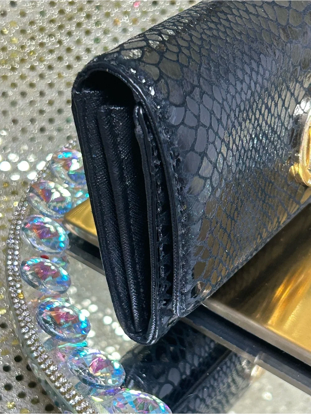 Michael Kors Black Snake-Embossed Wallet with Gold MK Emblem Approx. 6 x 4
